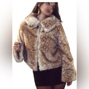 Brown Deer Print Faux Fur Coat for Women Luxury Vintage Faux Fur Jacket size s